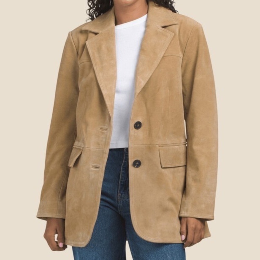 Anthropologie Avec Les Filles Women's Genuine Suede Longline Blazer Camel Size S